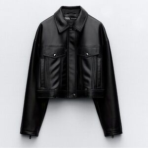 Zara Lapel Collar Cropped Faux Leather Jacket Sz:M Black